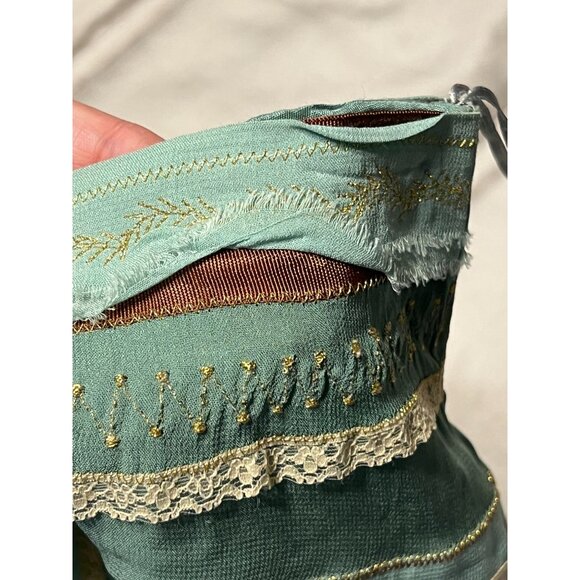 Odille Green & Cream Lace Ribbon Stripe Ruffle Skirt Anthropologie Gold Viscose - Picture 5 of 15